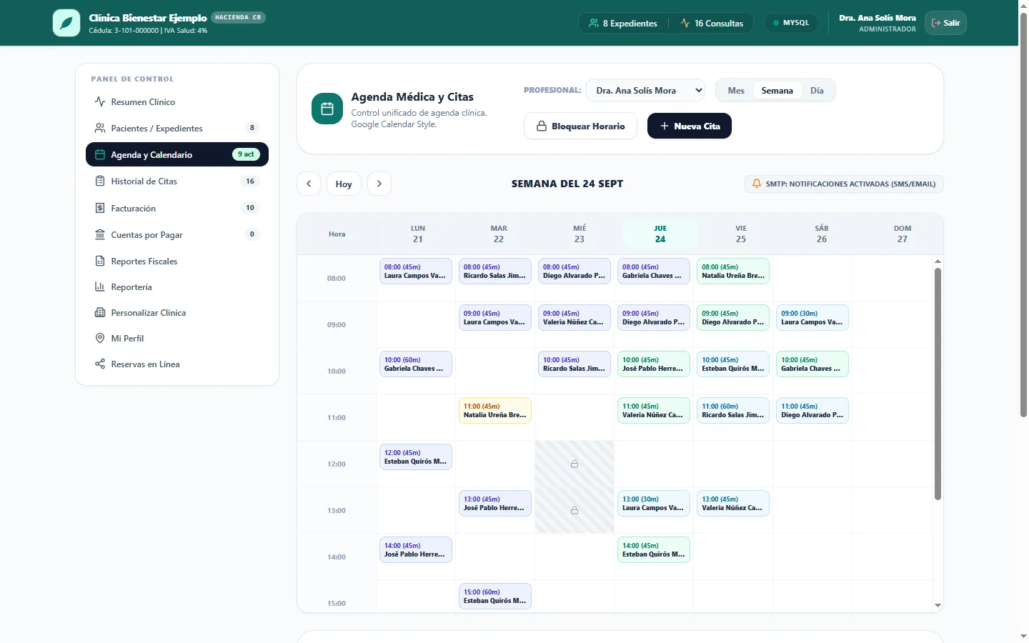 Tuanis Booking weekly agenda view with sample appointments color-coded by status and a blocked time slot
