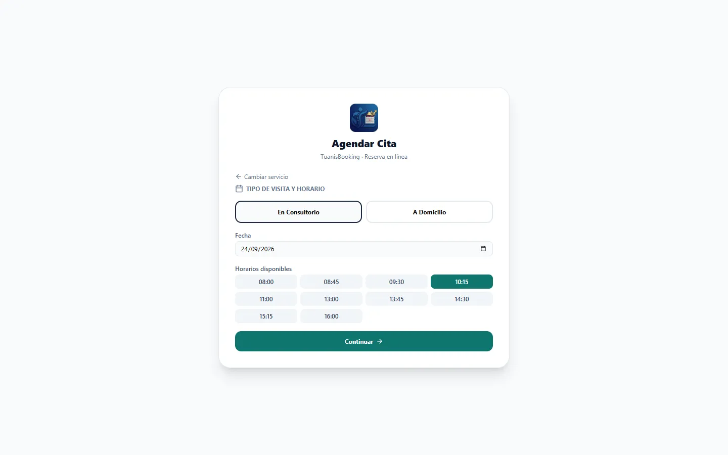 Tuanis Booking public booking page showing the available time slots for a day