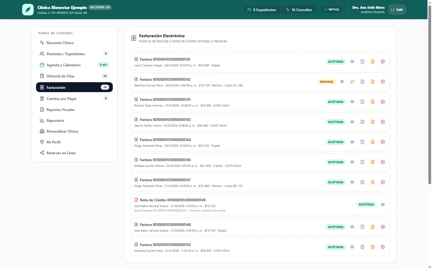 Electronic invoicing history with accepted invoices, one pending and a sample credit note